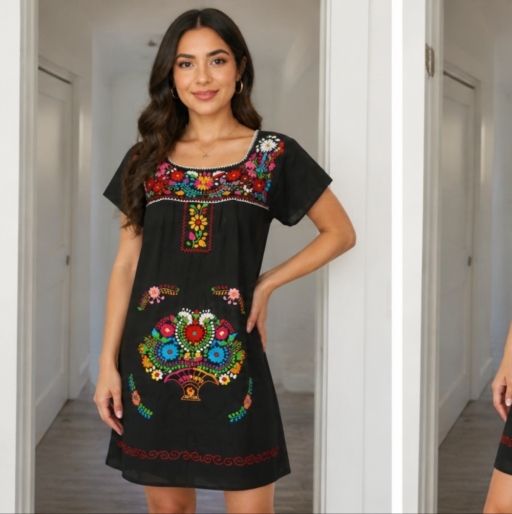 Black Embroidered Midi Dress with Floral Motif